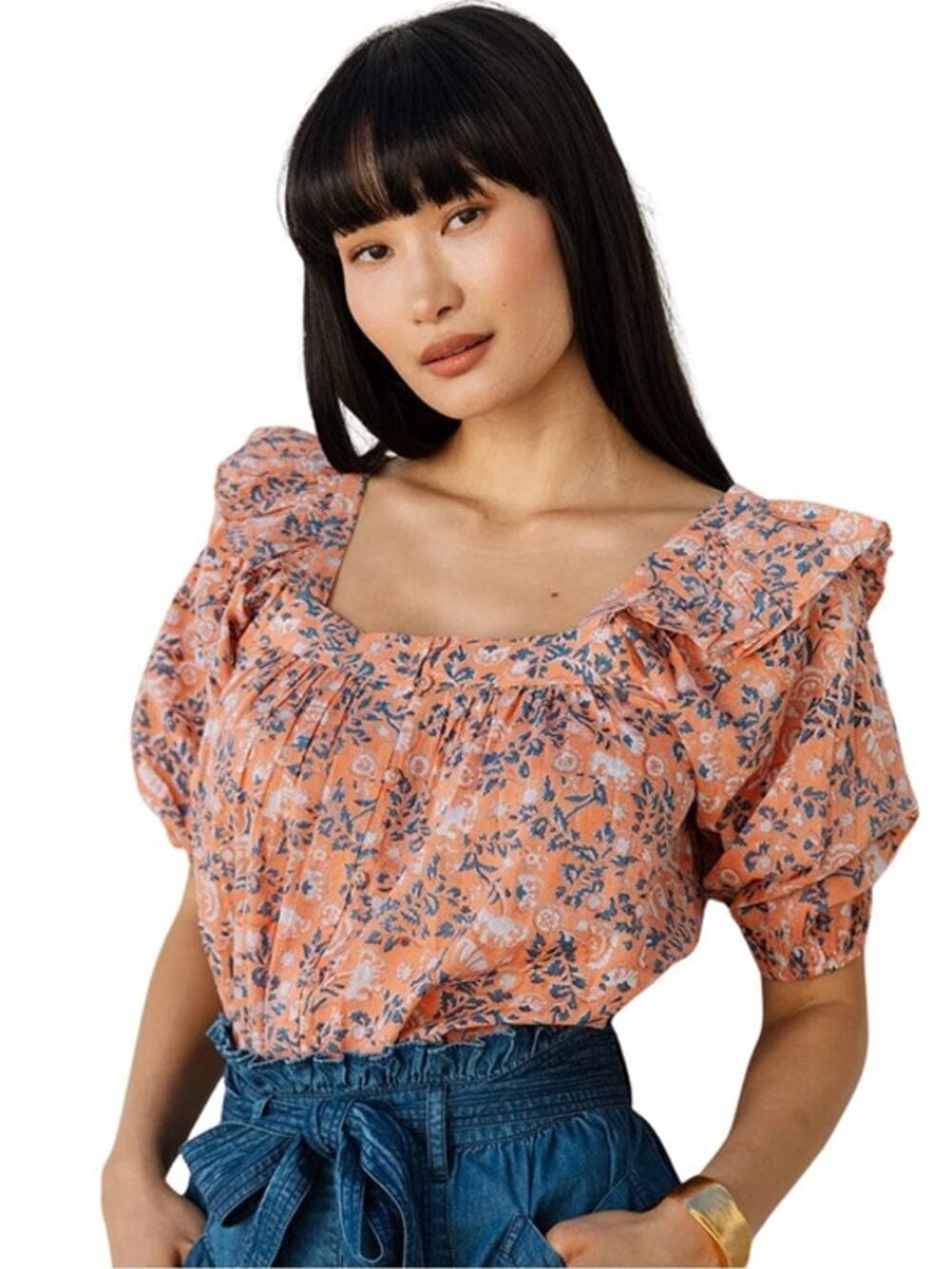 Cleobella Mariana Puff Sleeve Floral Blouse Womens Small Square Neck Cottagecore